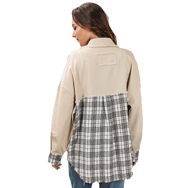 Jaket tepi kasar Panel kotak-kotak baru musim gugur untuk wanita mantel lengan panjang gaya kasual longgar