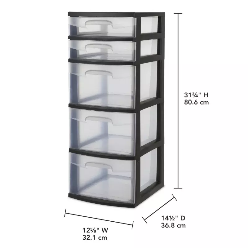 Пластиковая башня Sterilite с 5 ящиками, черная с прозрачными ящиками, для взрослых