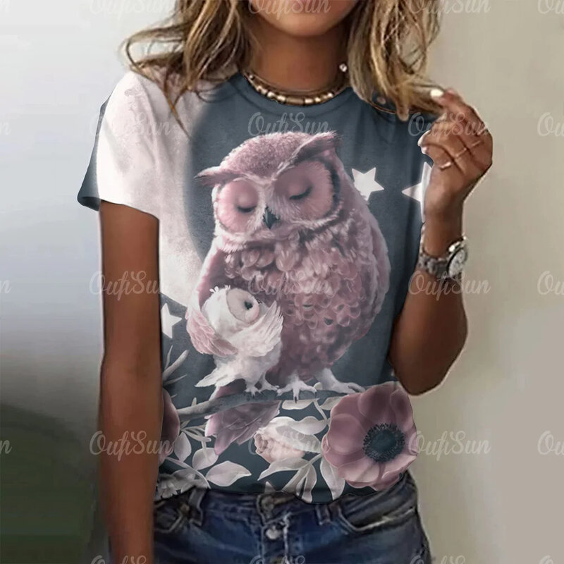 Летняя женская футболка с круглым вырезом и коротким рукавом, футболка с 3d рисунком совы, пуловер, топ, модная уличная женская одежда 2024