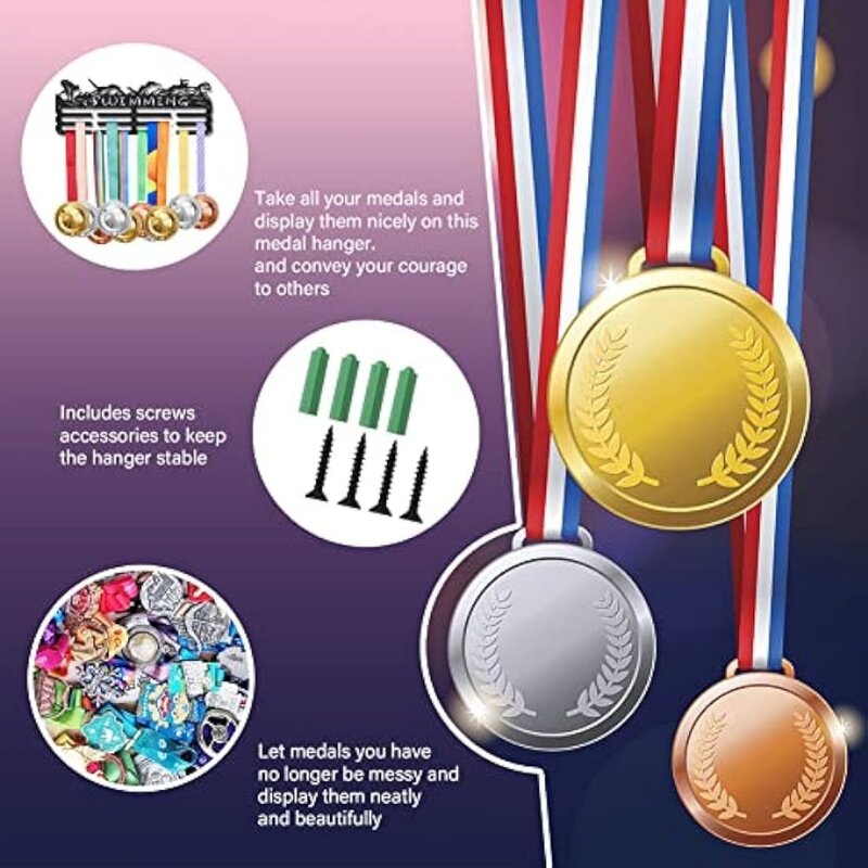 Tempat medali renang menampilkan rak gantungan Piala Renang dudukan dinding logam olahraga tanpa kait gantung lebih dari 60 medali hitam