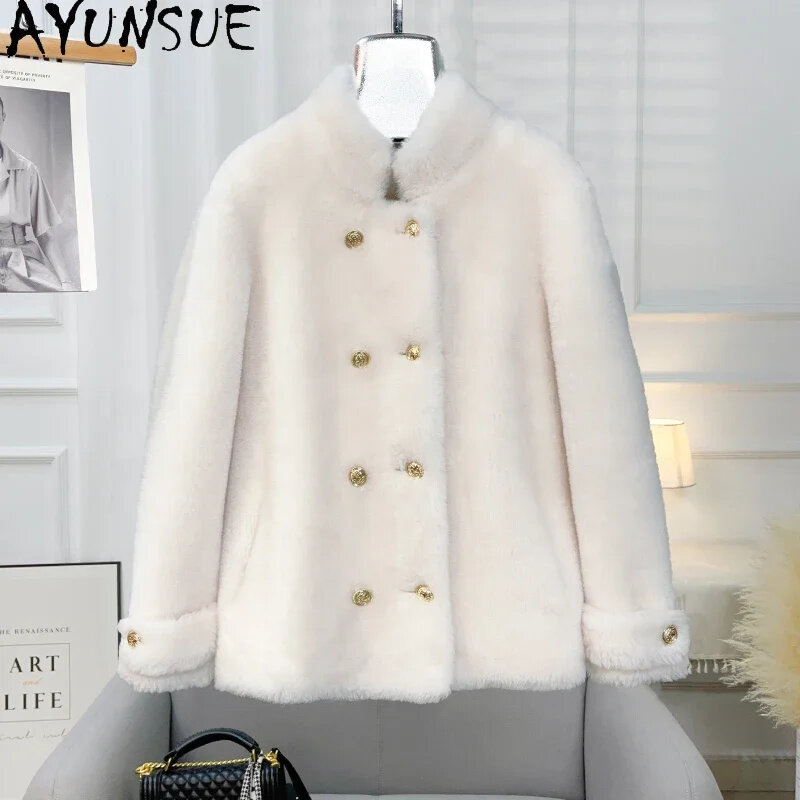 100% AYUNSUE шерстяные пальто для женщин 2024 осень зима модная овечья стрижка куртка с воротником-стойкой меховые женские пальто