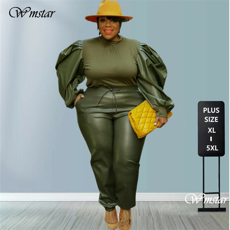 PU เสื้อผ้าผู้หญิง Plus ขนาดชุด2ชิ้นชุดพัฟแขน Patchwork Crop และกางเกง Streetwear 2022ขายส่ง Dropshipping
