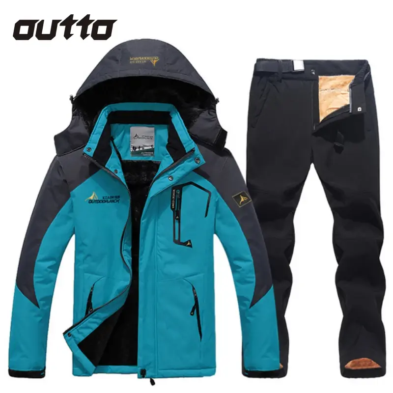 男性用スキースーツ,厚くて暖かい,防風,フード付きジャケットとパンツ,ハイキング,登山,スノーボード,バイクセット