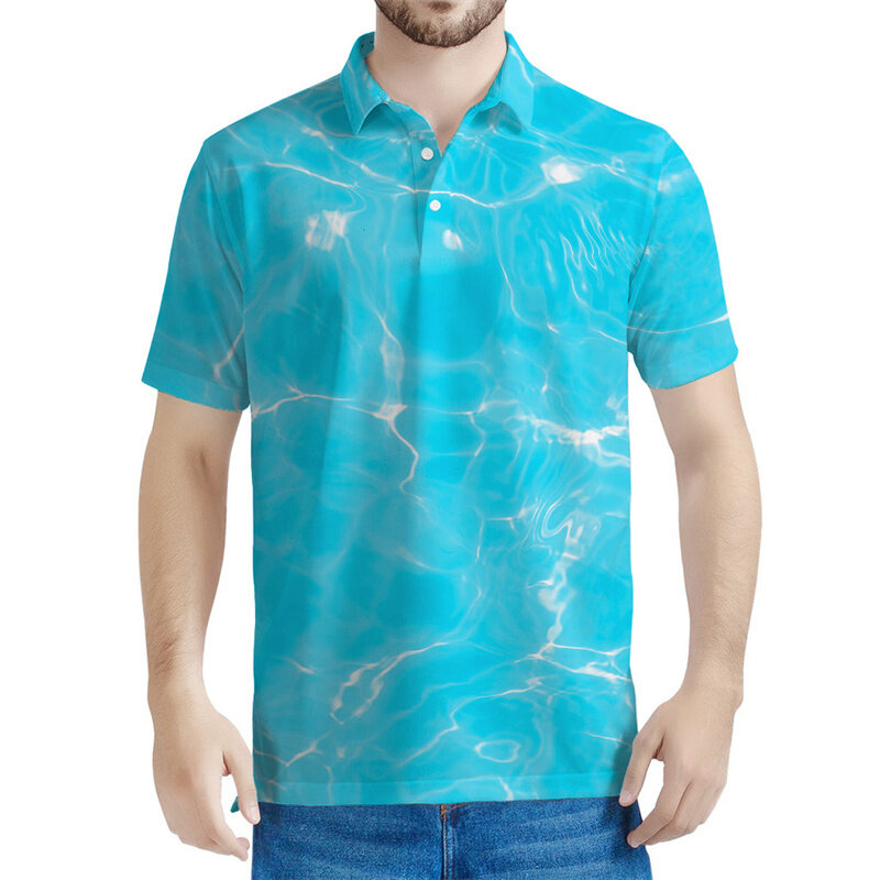 قميص بولو رجالي ثلاثي الأبعاد مطبوع بالماء الأزرق ، نمط المحيط ، تي شيرتات بأكمام قصيرة بطية صدر ، زر شارع غير رسمي ، موضة كبيرة الحجم
