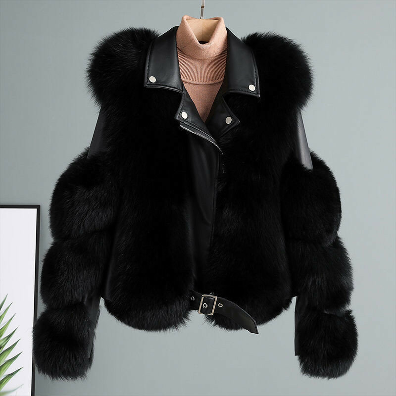 Kunst pelz Mantel Jacke für Frauen Outwear Mantel mit Luxus Schaffell Leder Fuchs Pelz Jacke weiblichen Herbst Wintermantel