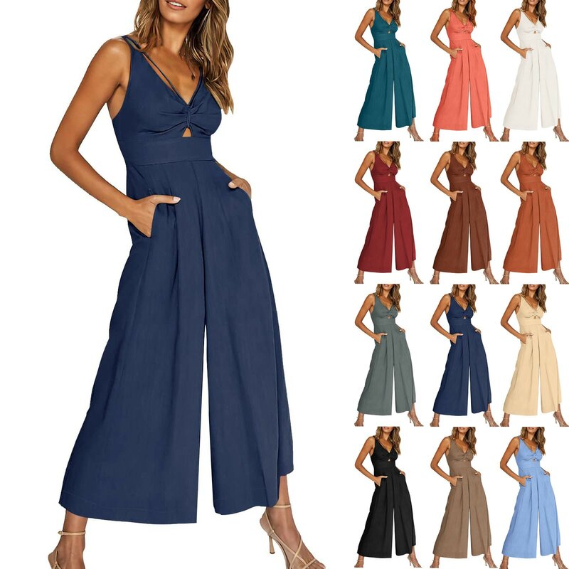Women Suspender Jumpsuits Simple Solid Sleeveless High Waist Loose Wide Leg Jumpsuits With Pocket Leisure Resorts Style Pants