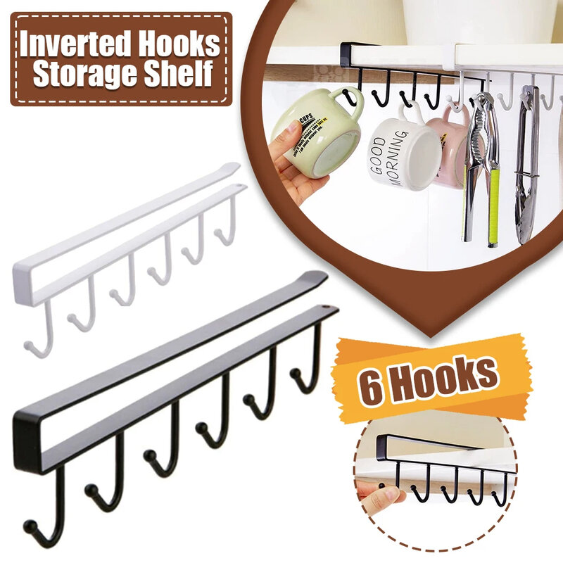 6 Hooks Storage Shelf Wardrobe Kitchen Bathroom Organizer Iron Metal Under Shelves Hanging Rack Mug Cup Utensils Holder Kitchen