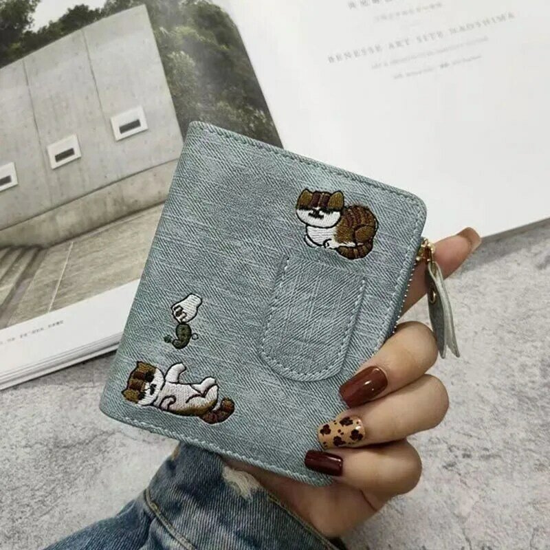 Xiuya dompet bordir kucing wanita, tas dompet kartu pendek kulit bordir kasual gaya Korea untuk wanita