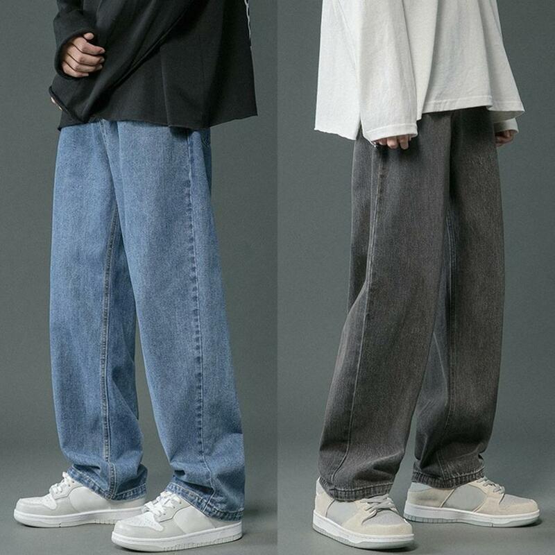 Men Spring Autumn Denim Pants Mid-rise Men Pants Straight-legged Jeans Wide Leg Casual Trousers Hip Hop Style Washed Loose Jeans