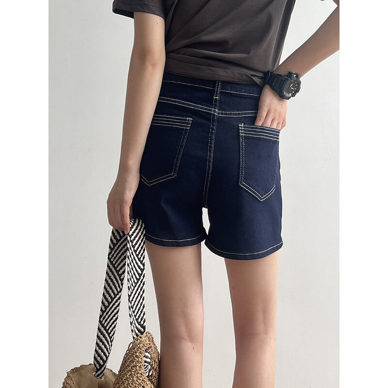 Shorts jeans casuais de cintura alta para mulheres, elegantes e emagrecedores, shorts de perna larga, roupas monocromáticas, novas, verão, 2024