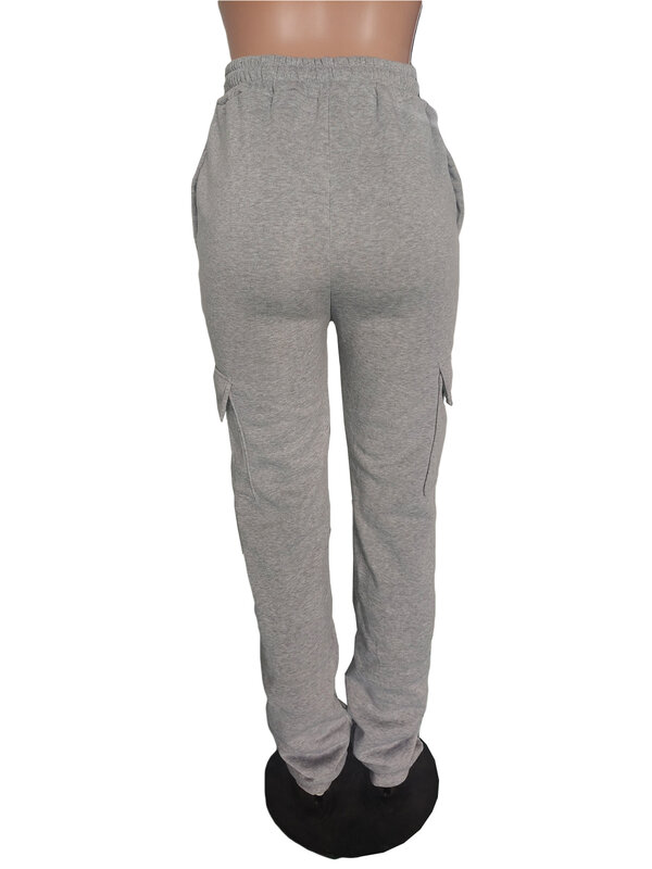 LW Casual Grey High Waist Drawstring Side Pocket Sweatpants Stacked Cargo Pants Solid Color Trousers With 4 Pockets
