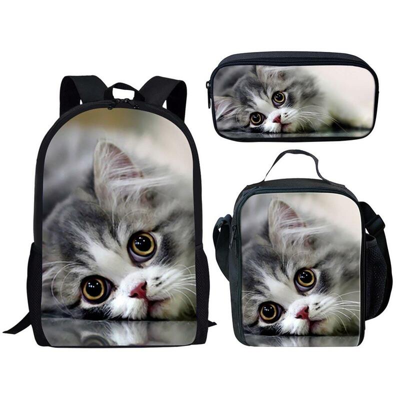 Cute Cat Print School Bag Set para meninos e meninas, Student Children Book Bag, Lunch Bag, Pencil Bag, Teenager Daily Casual Backpack, 3Pcs