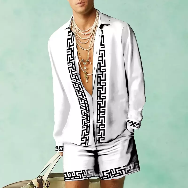 Trajes de playa con estampado de leopardo 3D para hombre, camisas de manga larga con solapa y pantalones cortos, conjunto de dos piezas, moda hawaiana informal, trajes sueltos, 2023
