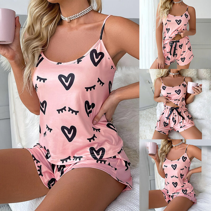 Conjunto de pijama sedoso feminino, pijamas sedosos, lingerie com estampa amor, shorts sem mangas, roupa casual suave, moda sexy, 2 peças