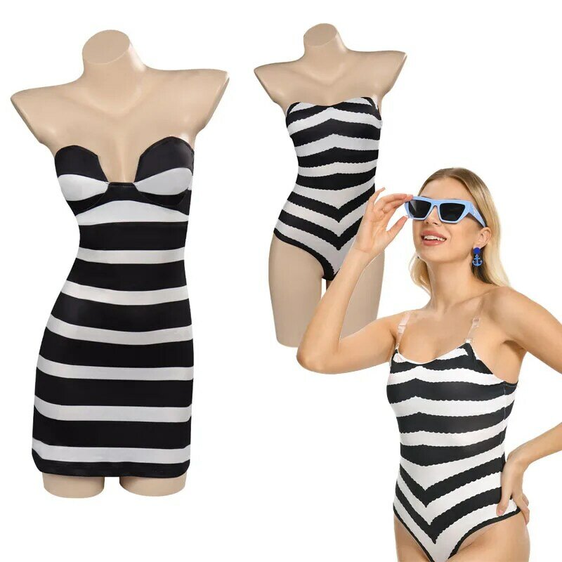 Barbier Margot disfraz de Cosplay, vestido a rayas blancas y negras, traje de playa de moda de verano, trajes de gafas de sol, traje de Carnaval de Halloween