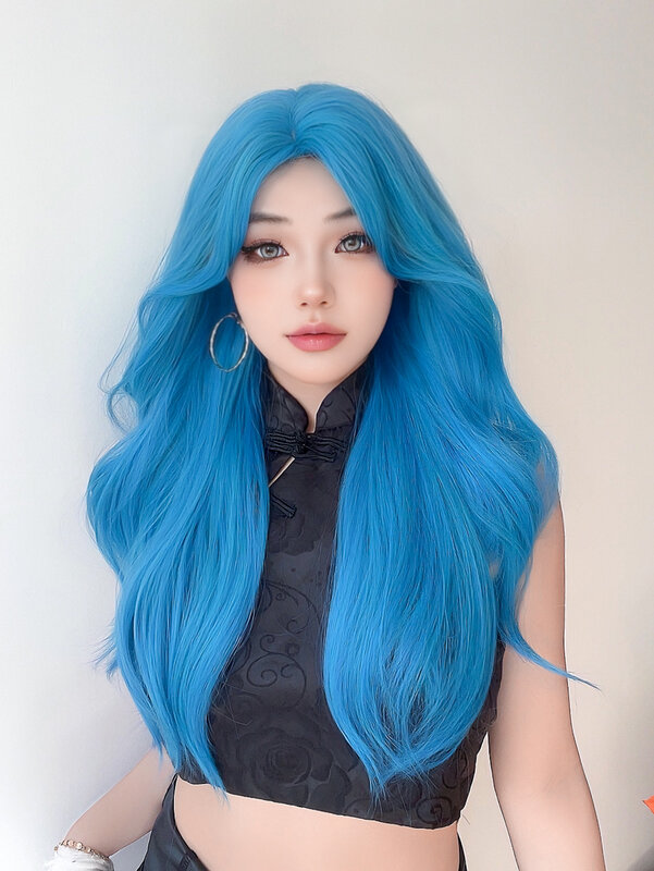 26Inch Sea Blue Color Synthetic Wigs Middle Part Long Natural Wavy Hair Wig For Women Cosplay Drag Queen Party Heat Resistant
