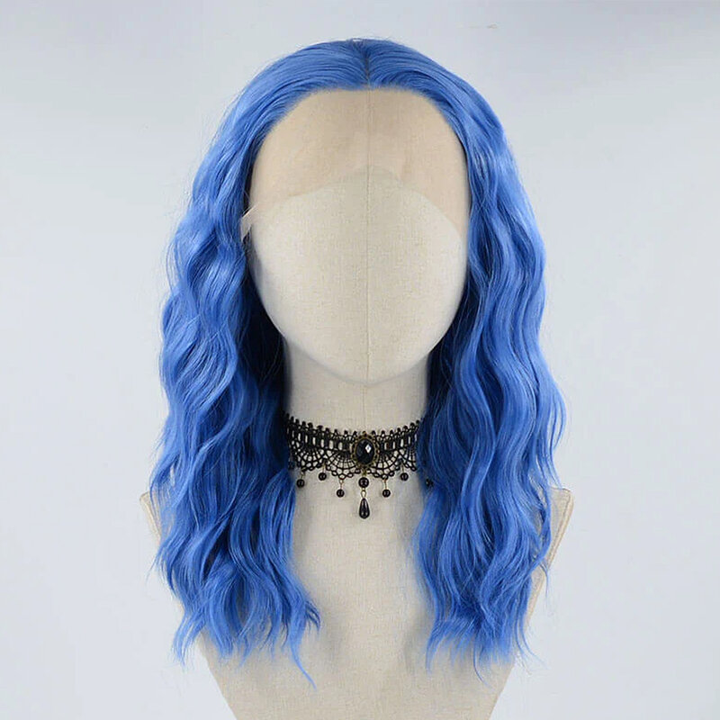 Wig pendek biru untuk wanita Wig renda sintetis tahan panas Wig gelombang longgar tanpa lem Wig rambut alami Cosplay renda depan
