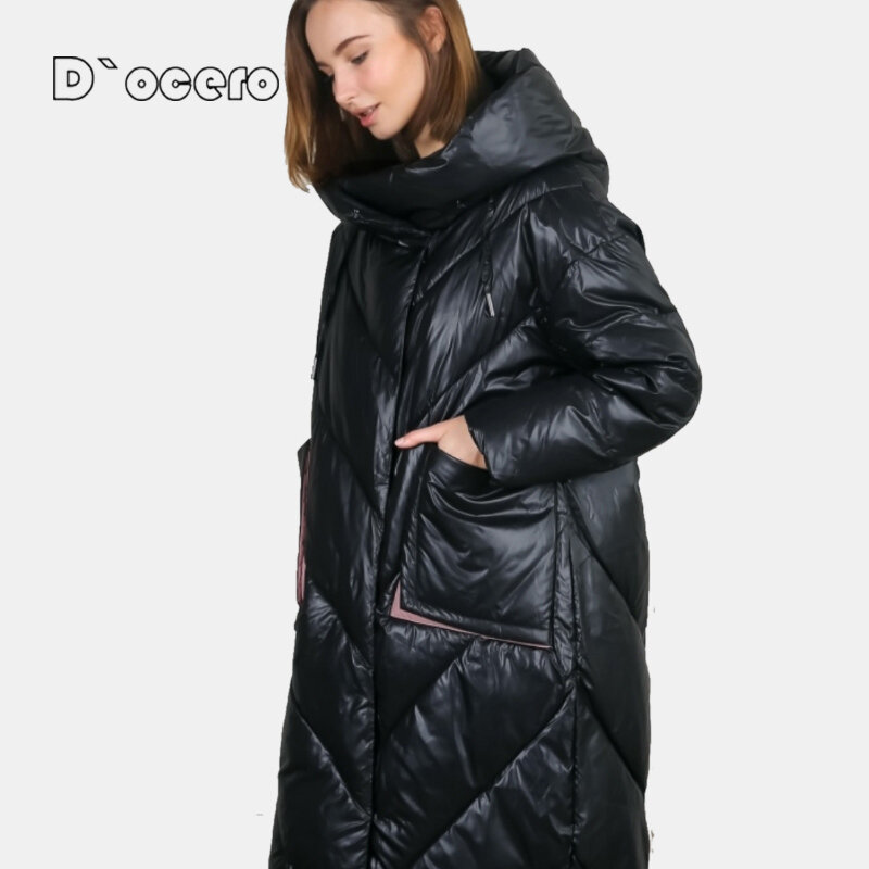D'OCERO 2022 moda luźne damskie zimowe ocieplane kurtki z kapturem ciepły płaszcz zimowy duże rozmiary parki kobiece duże kieszenie długi płaszcz