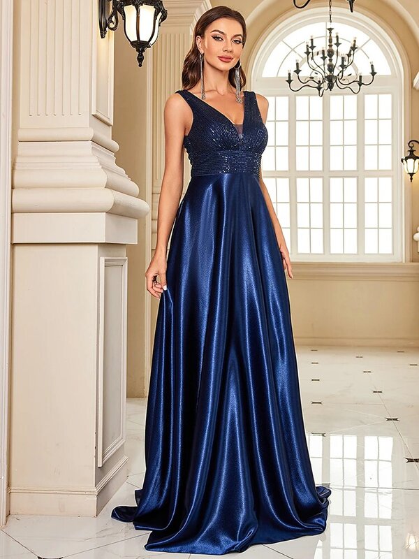 Lucyinlove Elegant Sequins Evening Dress For Women 2024 Deep V-neck Satin Prom Party Green Dress Floor Length Blue Formal Gowns