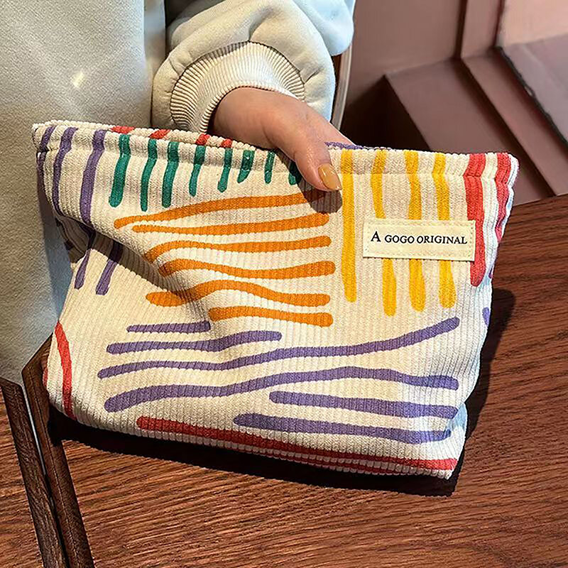 Corduroy Clash Color Striped Cosmetic Bag Wash Bag Women Travel Cosmetic Pouch Beauty Storage Cases Make Up Organizer Clutch Bag