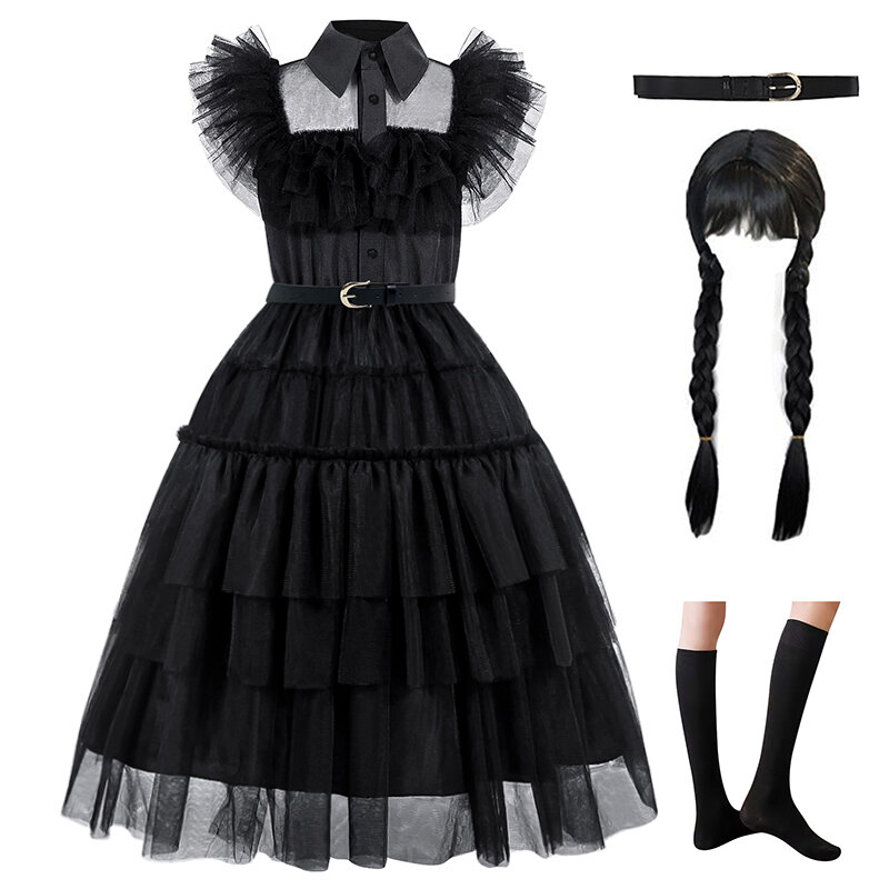 Black Wednesday Role Play 2023 New Halloween Carnival Party Black Evening Dress Girl Hollow out Tulle Princess Dress