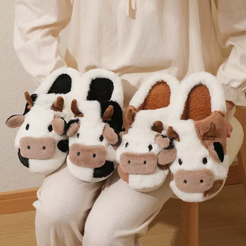 Winter Unisex Cute Cartoon Cow Warm Plush Slippers Couple's Indoor Non-slip House Slides Men Women Toe Wrap Home Cotton Shoes