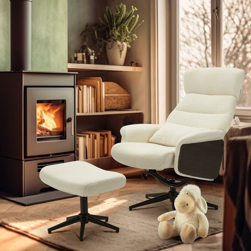 White Sherpa Accent Chair with Ottoman, Rocking Chair with Adjustable Backrest, Wingback Nursery Glider Chair