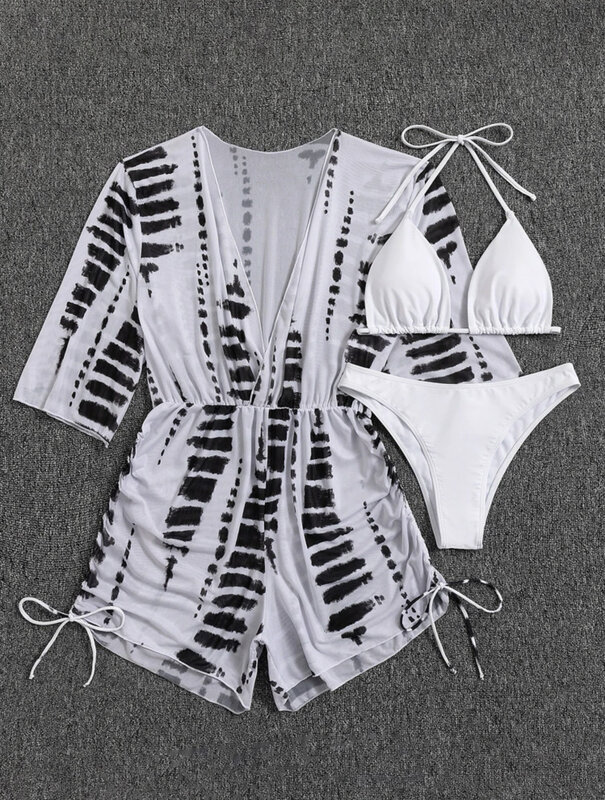 Swimwear New Swimsuit Drawstring Strap One-piece Bikini Mesh Three-piece Swimsuit Girls Summer Bikini Set