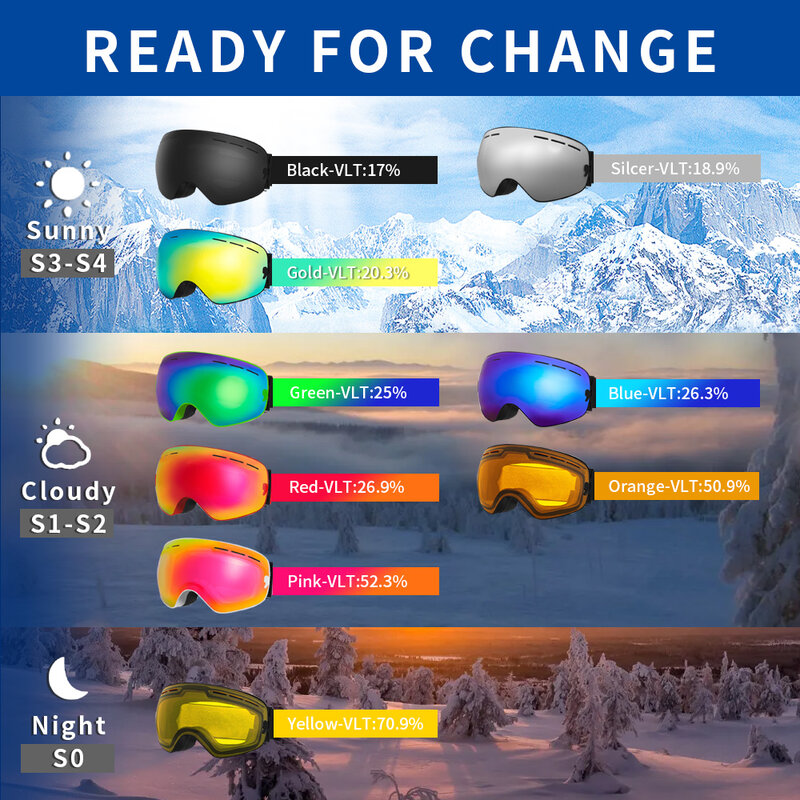 Ski Goggles Pro 100% UV400 Protection Anti Fog Interchangeable Lens Skiing Glasses Snowboard Snow Goggles for Men Women Natfire