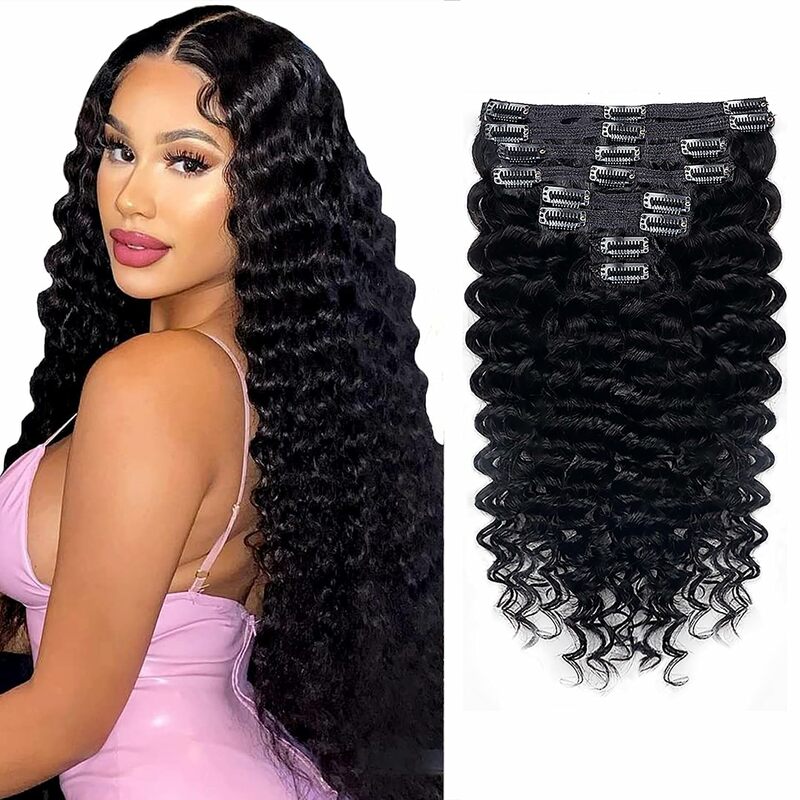 Deep Wave Clip ins Human Hair Extensions for Women Clip ins Hair Extensions Real Human Hair Thick to Ends Natural Color Clip ins