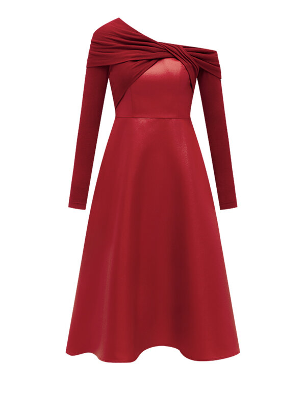 Czerwona sukienka na imprezę o średniej długości, dopasowana, długi rękaw, ukośny dekolt, sukienka na ramiona, dla kobiet