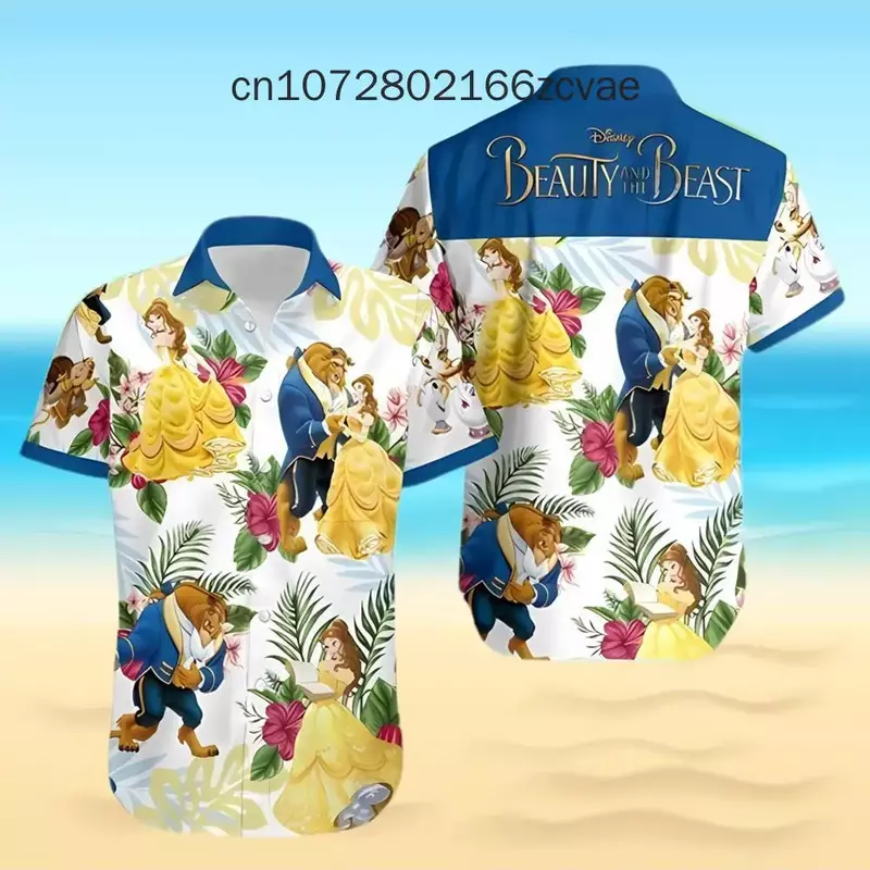 2024 nowa piękna i bestia koszula hawajska męska damska dziecięca koszula z krótkim rękawem Disney moda Retro koszula na co dzień