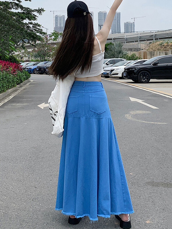 Nouvelle jupe longue d'été en denim pour femmes Jupe à taille haute enveloppant les hanches et longueur de cheville Jupe décontractée à volants bleu vif