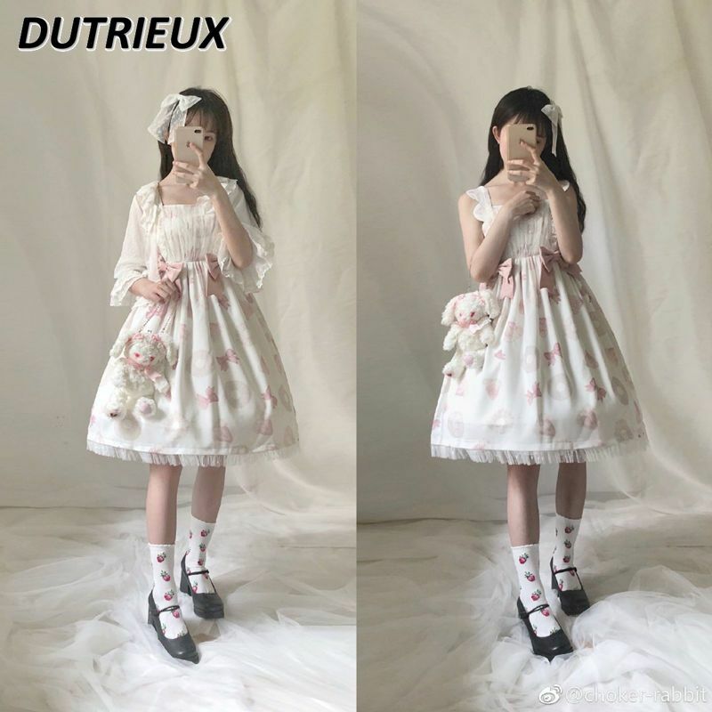 JSK 일본 스타일 귀여운 프린트 로리타 드레스, 민소매 활 A 라인 짧은 서스펜더 원피스, 귀여운 소녀, 여름