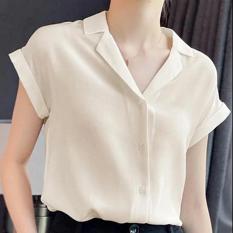 Базовая Однотонная рубашка для работы, летняя модная женская одежда с коротким рукавом и матросским воротником, однобортная Корейская Свободная блузка