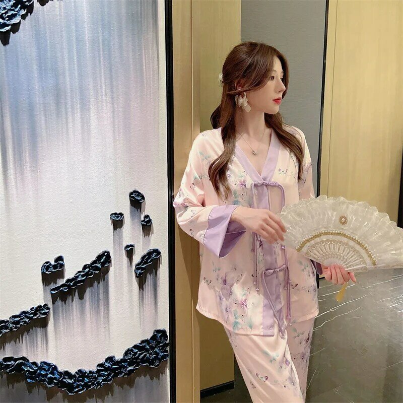Китайская Шикарная стильная женская пижама из вискозы, брюки с длинным рукавом, костюм на весну и осень, домашняя одежда, комплект Ночной пижамы, женская пижама