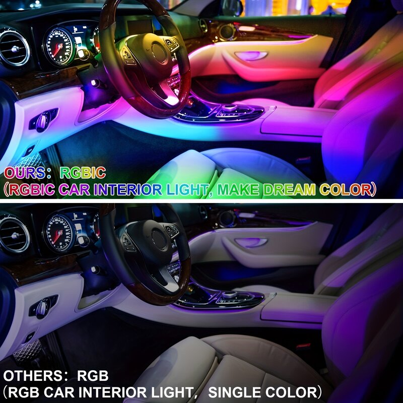 RGBIC LED 인테리어 자동차 스트립 조명, 앱 RF 리모컨 포함, 멀티 컬러 언더카 대시 조명, 2 라인 디자인, 음악 싱크, DC 5V