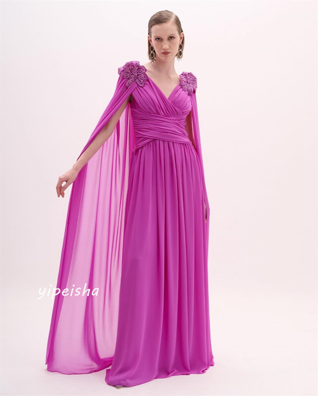 V-Neck Prom Dress com Chiffon Flower, Vestido de noite, Arábia Saudita, Plissado drapeado, Coquetel, A-Line, Vestidos longos, Ocasião sob medida