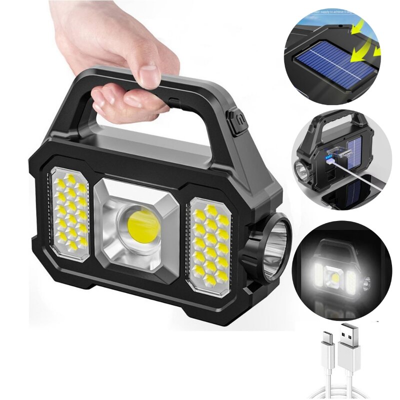 ["Linterna de camping LED solar súper brillante con luces de trabajo COB USB recargable de mano 6 modos Linternas con energía solar"]