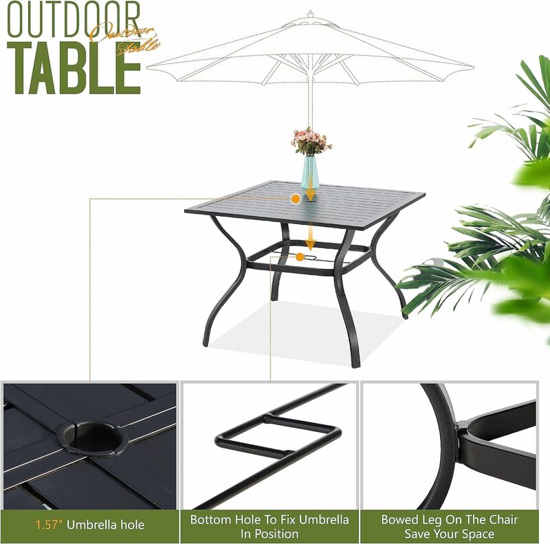 โต๊ะและเก้าอี้กลางแจ้งโลหะ5ชิ้นชุดรับประทานอาหารกลางแจ้ง-โต๊ะลานสี่เหลี่ยมพร้อมช่องร่มและเก้าอี้สวนหลังบ้าน
