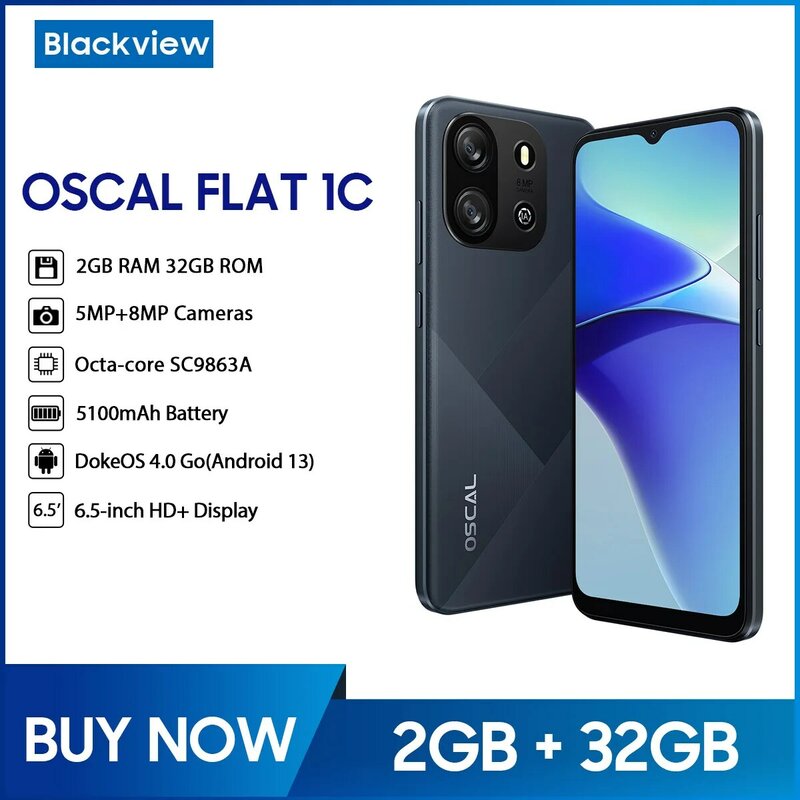 OSCAL FLAT 1C Smartphone Android13 6.56inch HD Display 4700mAh Battery Cell Phone 2GB 32GB Octa Core 8MP Camera Mobile Phone 4G