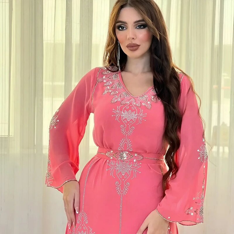 Mulheres manga comprida decote V Abaya muçulmana, elegante poliéster, laranja, azul, rosa, verde, verão