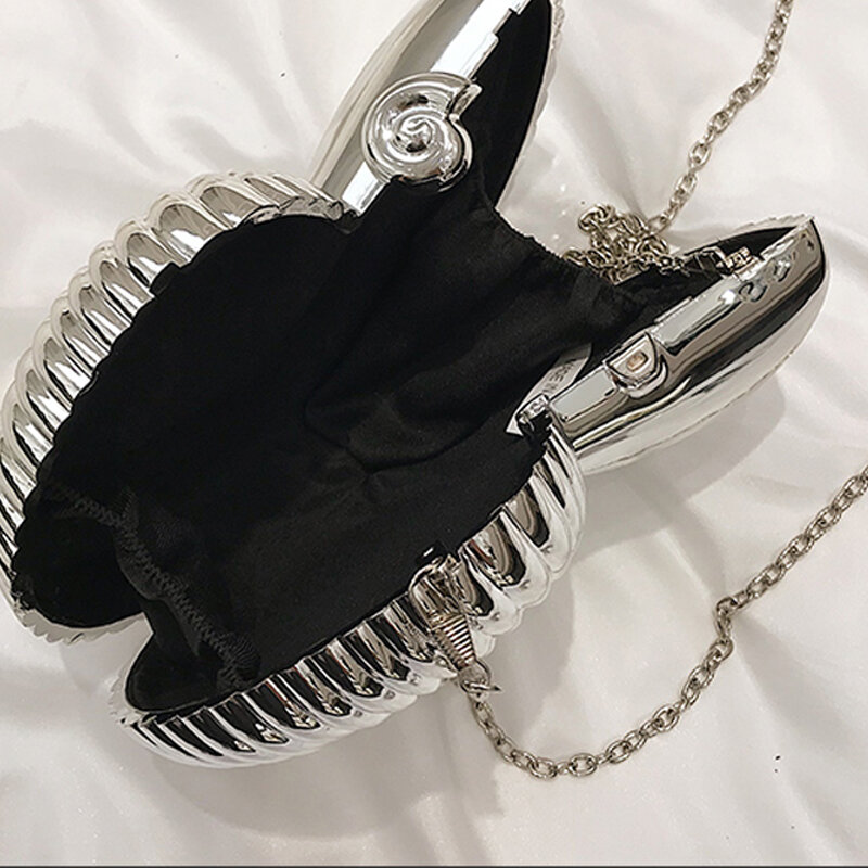 Креативный металлический клатч в форме ракушки для женщин, модные сумки через плечо с цепочками, Роскошные вечерние маленькие кошельки в искусственном стиле, 2024