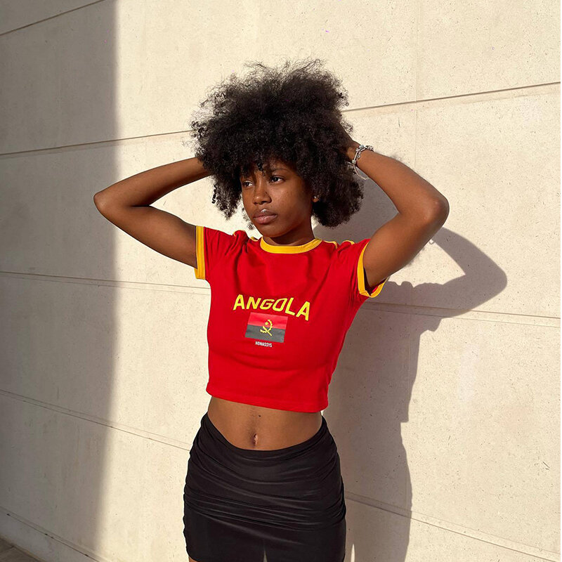 Hip-hop Harajuku Grunge angola Bandera Nacional estampado de texto camiseta Streetwear Y2k Crop Tops verano acogedora camisola mujer Sexy