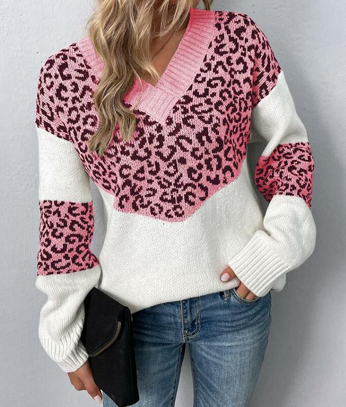 Simple Daily Women Sweaters2023 Autumn/winter New Fashion Casual V-Neck Contrast Leopard Print Pullover Sweater Y2K Clothing