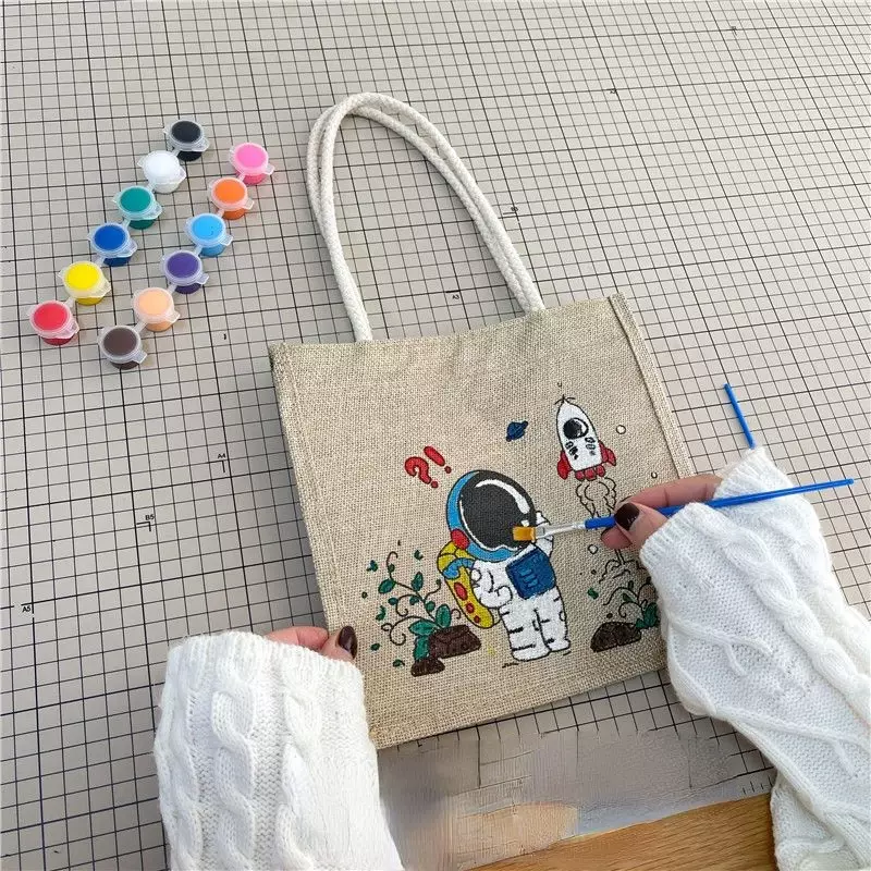1pc Random DIY Creative Graffiti Handbag With Watercolor Paint and Brush Kids Linen Doodle Bag Homemade Shopping Tote Craft Bag