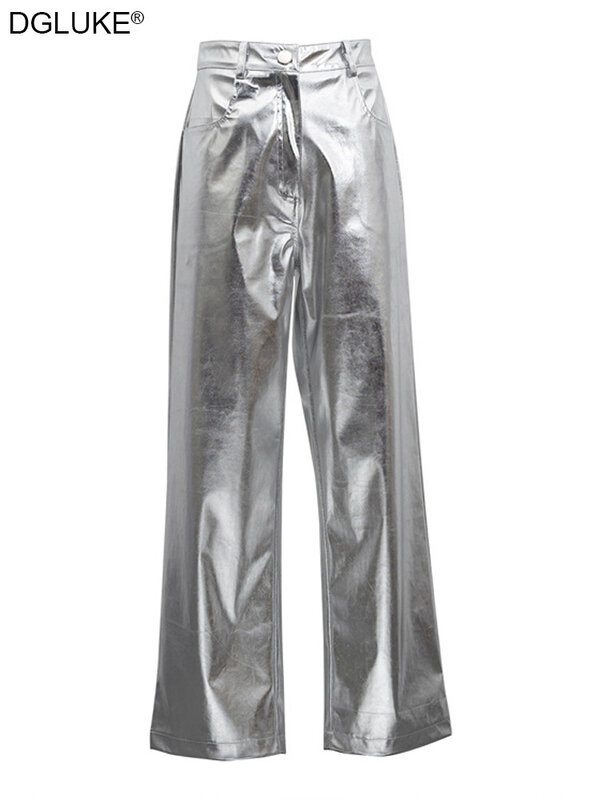 Prata metalic falso calças de couro das mulheres 2023 cintura alta calças de inverno longo hip hop streetwear y2k noite club wear