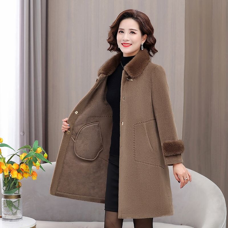 2023 Autumn Winter New Fur Women Coat Middle-aged Mother Imitation Fox Fur Collar One Long Thick with Fur Collar Loose Coat