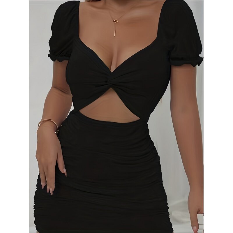 Twist Front cut out bodycon dress, stylish puff sleeve ruched dress, WOMEN'S clothing
