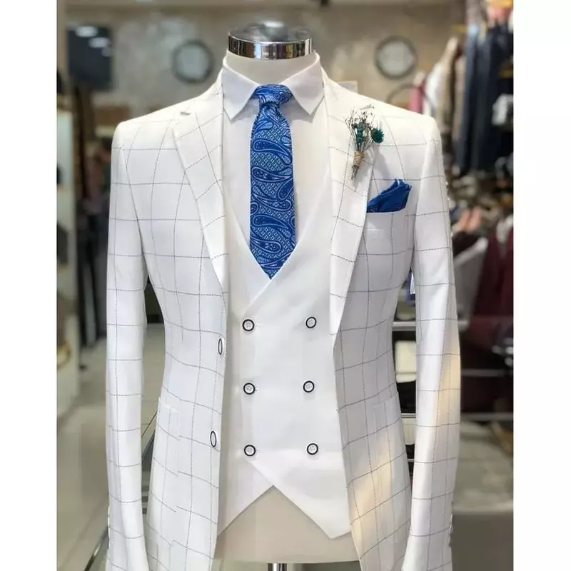 Мужские костюмы из 3 предметов в белую клетку, официальный однобортный костюм с воротником с вырезом, деловой Повседневный свадебный смокинг для жениха, лето 2024